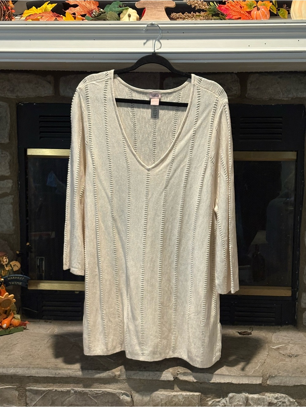 Chico's Cream V-Neck Open-Stitch Long Sleeve Sweater